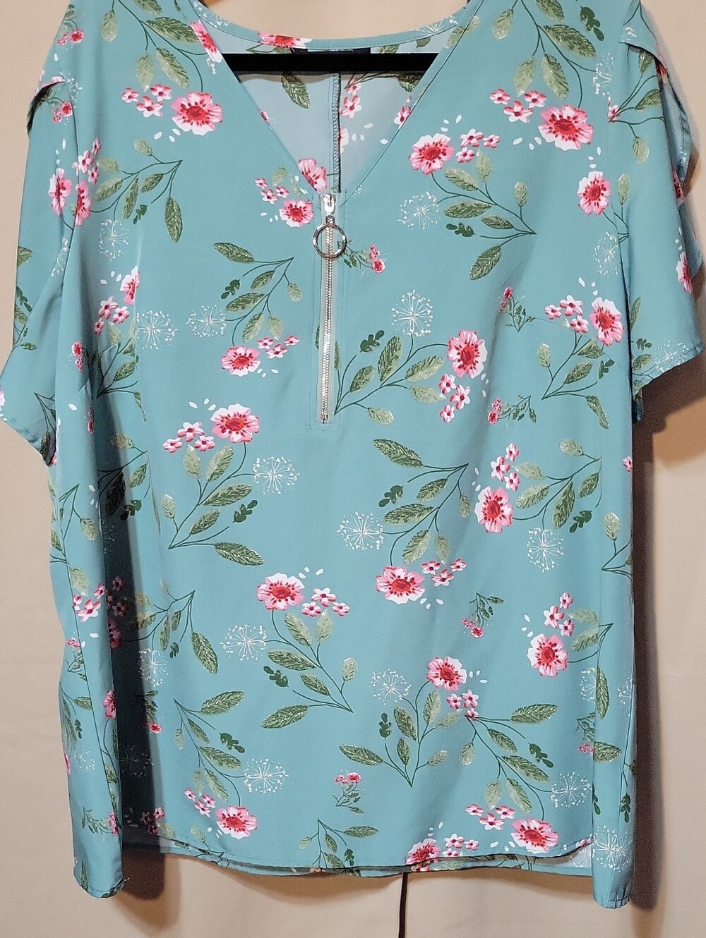 BloomChic Teal Floral V-Neck Zip Top with Pink Blooms